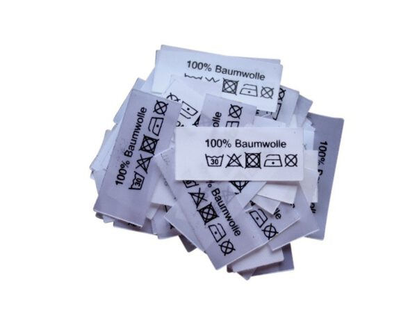 50 Textiletiketten 100% Baumwolle mit Pflegesymbole