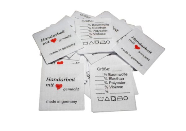 25 Textiletiketten Universal - Handarbeit mit Herz – auf Mischband