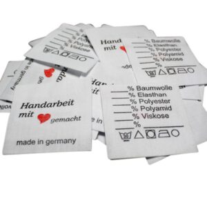 25 Textiletiketten Universal - Handarbeit mit Herz gemacht - 30° - Mischband