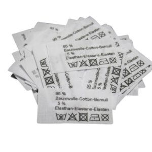 50 Textiletiketten 95% Baumwolle 5% Elasthan in drei Sprachen 50 Textiletiketten 95% Baumwolle 5% Elasthan in drei Sprachen