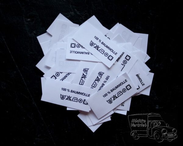 50 Textiletiketten 100% Baumwolle mit Pflegesymbole