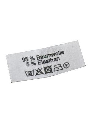 95% Baumwolle, 5% Elasthan + Pflegesymbole
