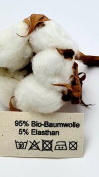 GOTS zertifizierte Bio-Baumwoll Etiketten mit Aufdruck 95% Bio-Baumwolle, 5% Elasthan