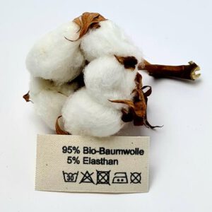 GOTS zertifizierte Bio-Baumwoll Etiketten mit Aufdruck 95% Bio-Baumwolle, 5% Elasthan
