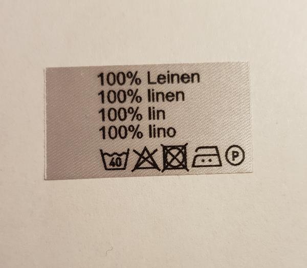 100% linen -> Sew-in labels 50 pieces, in four languages Imprint as shown. The labels are created using the printing process.