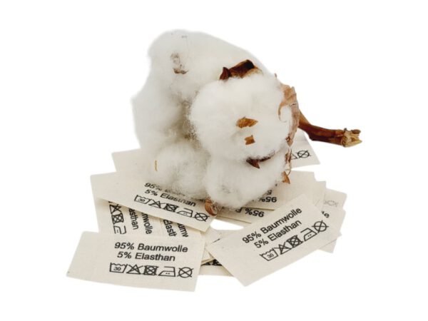 50 St. Textiletiketten aus Naturbaumwollband mit der Aufschrift 95% Baumwolle 5% Elasthan